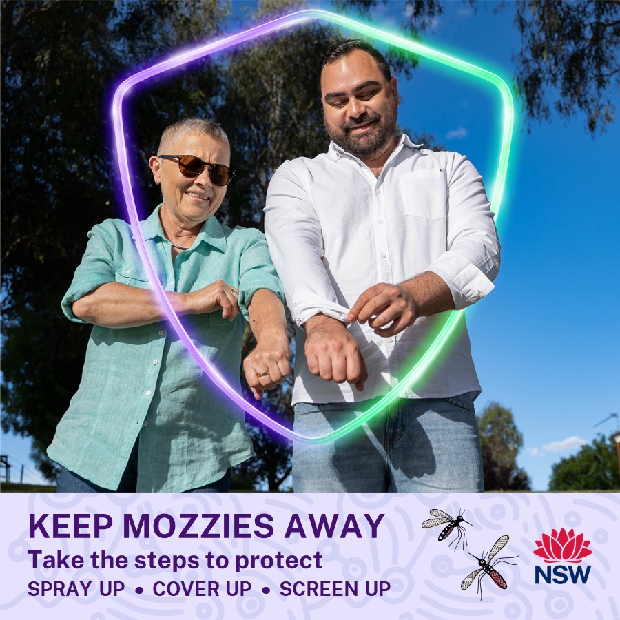Keep mozzies away. Take the steps to protect. Spray up, cover up, screen up